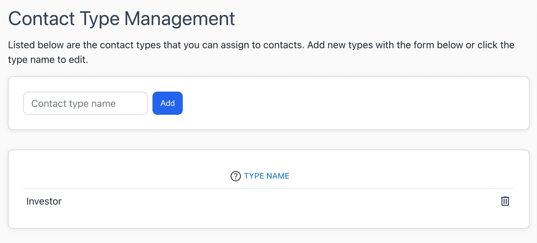 A screenshot of the Contact Type page.