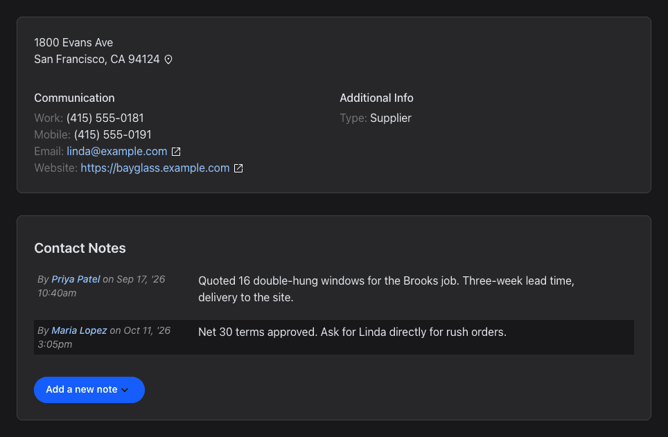 A contact's page with the address, phone numbers, contact type and notes.