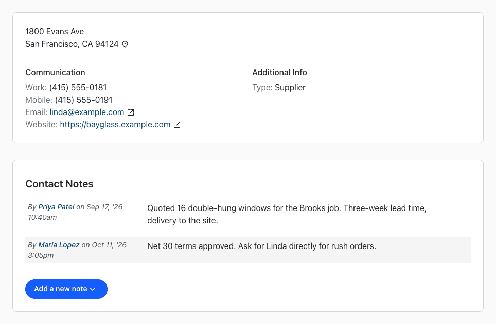 A contact's page with the address, phone numbers, contact type and notes.