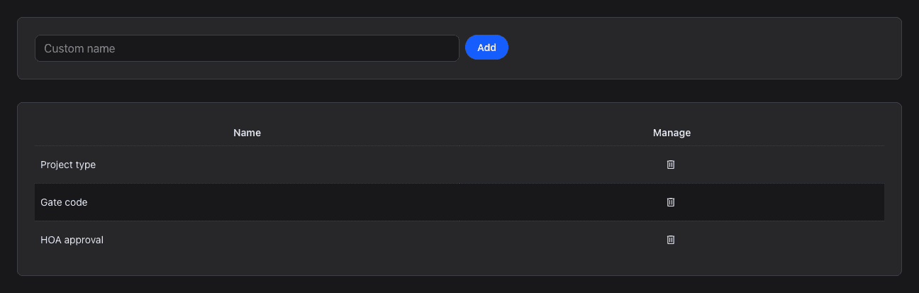 The Custom Fields page with three fields: Project type, Gate code and HOA approval.