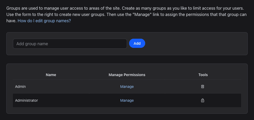 The Groups page with the Add group name field and a Manage link for each group.