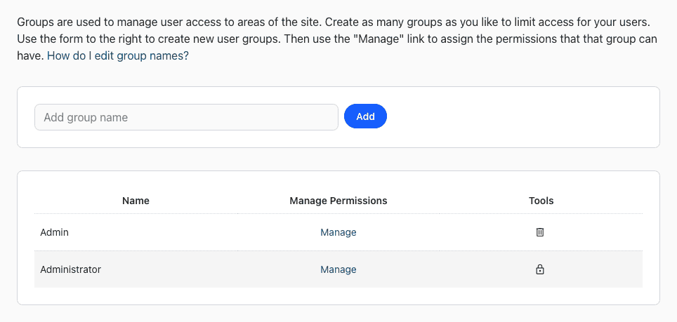 The Groups page with the Add group name field and a Manage link for each group.